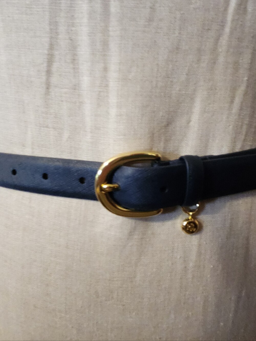 Lauren Ralph Lauren Navy Leather Belt with Gold Buckle and Charm